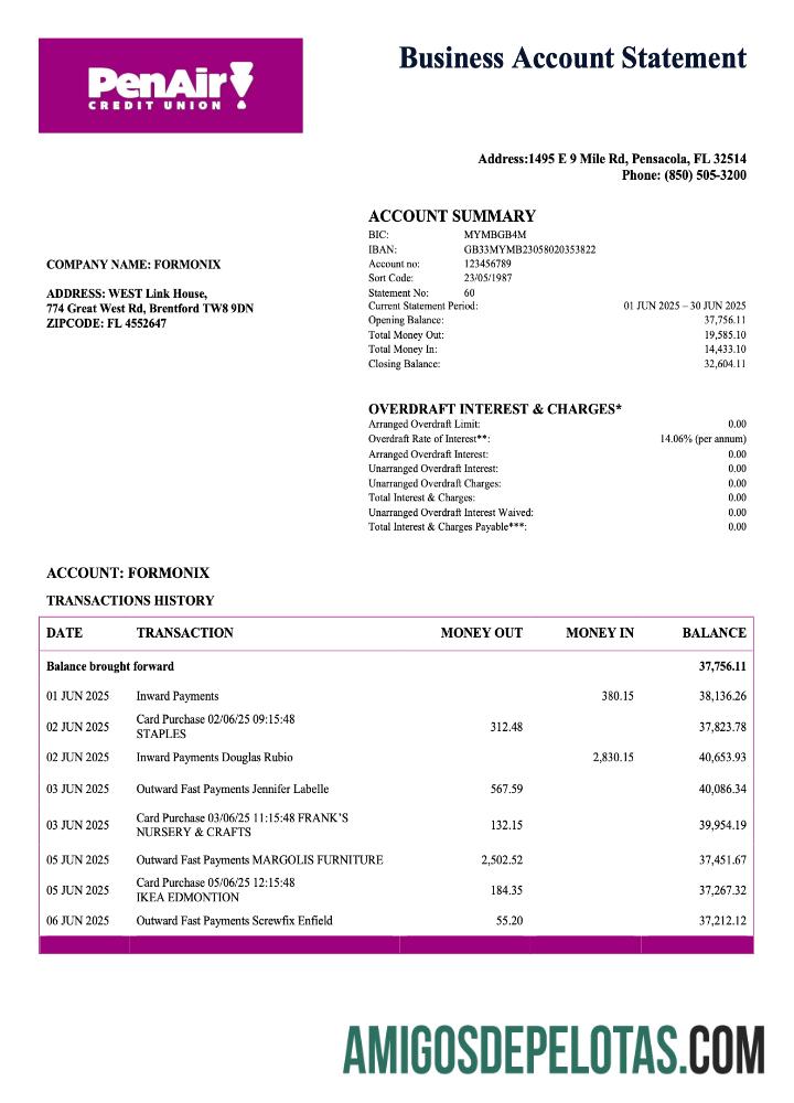 Em branco EUA Florida PenAir Credit Union Organization Statement Modelo Word e PDF